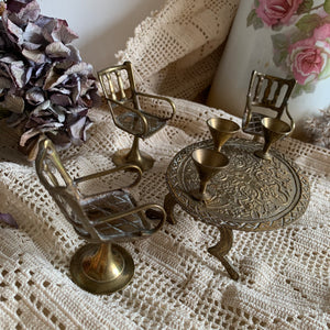 Vintage miniature brass table, chairs & cup set