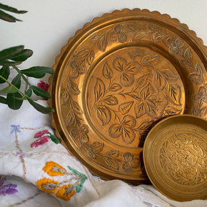 Vintage etched brass plate and dish set