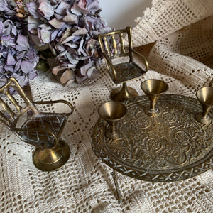 Vintage miniature brass table, chairs & cup set